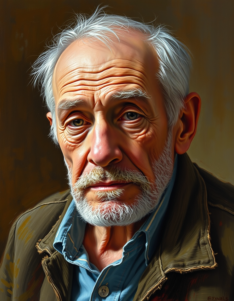 Photo To Painting idea created from the prompt: painting from the photo, rich brushstrokes, painterly texture, a portrait of an elderly man in oil paint with warm chiaroscuro lighting and 