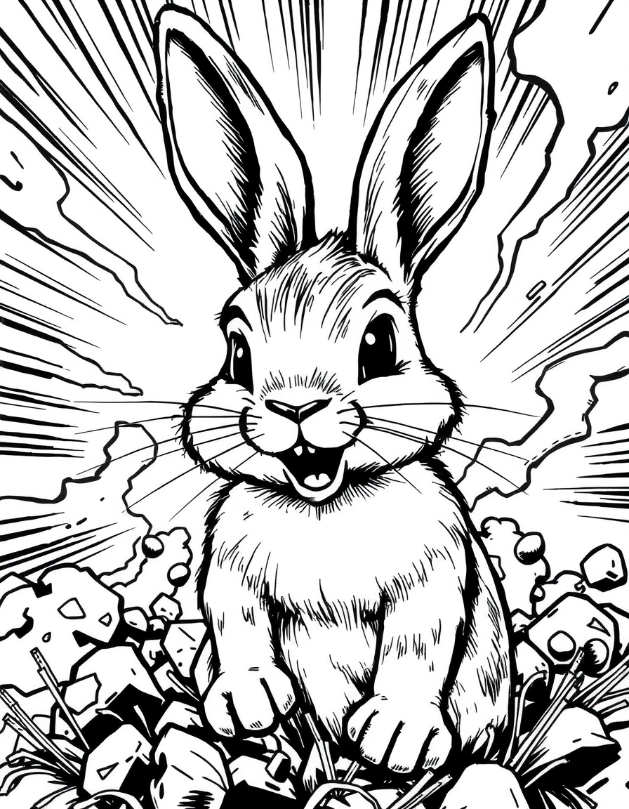 Comic Art idea: comic art, bold ink lines, halftone shading, dynamic composition, cute rabbitt , graphic novel illustration, comic panel ready