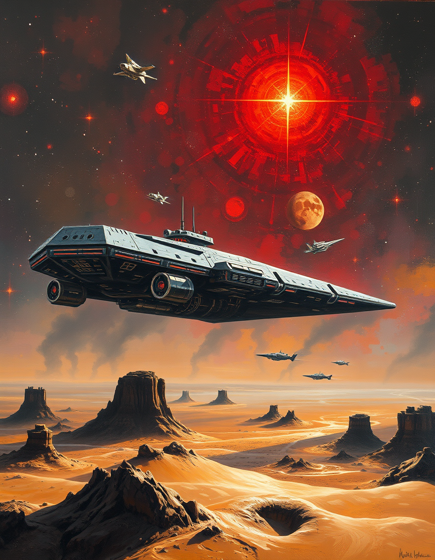 Oil Paintings idea: oil painting style, rich textures, brushstrokes, impasto technique, Paint me space a red Star shining and a very big mega giant square star ship aroun