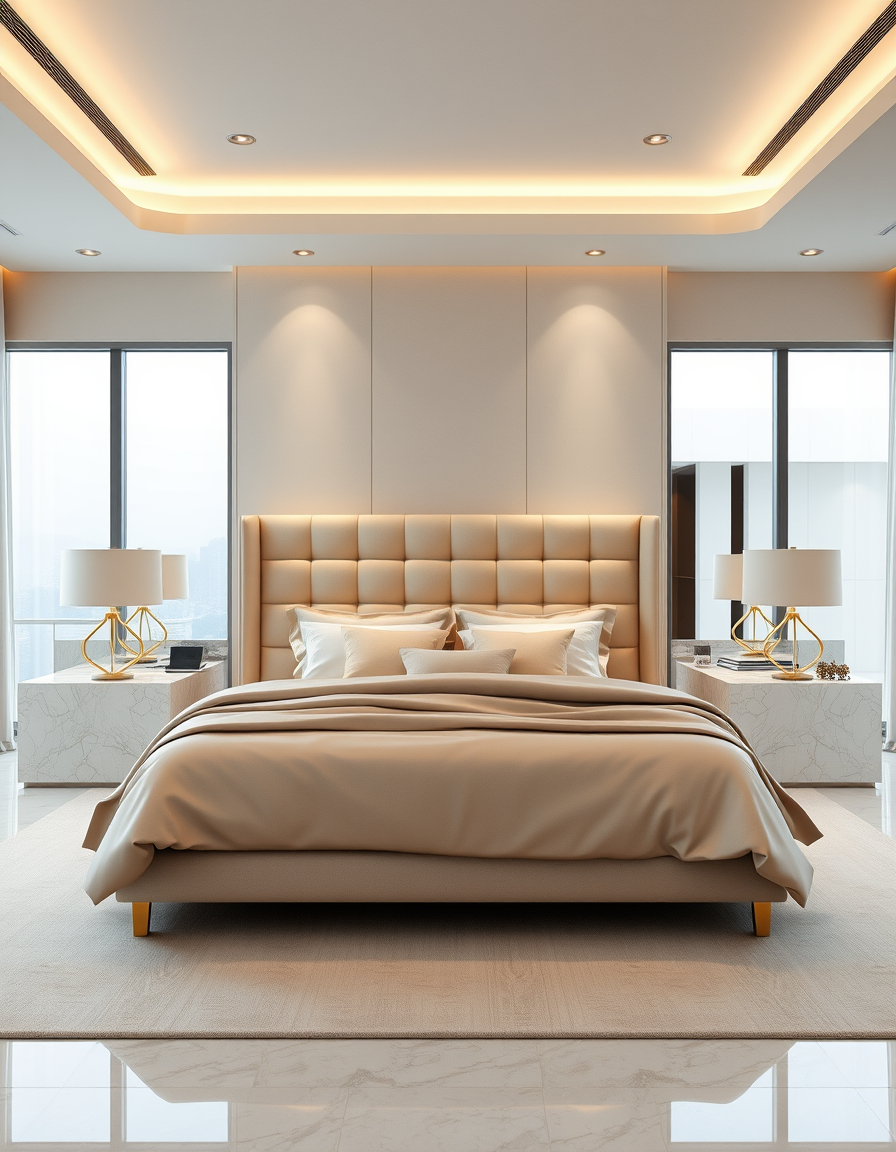 Main painting studio: Luxury modern master bedroom, king-size bed with cream upholstered headboard, beige silk bedding, elegant gold accents, marble nightstands, warm ambie