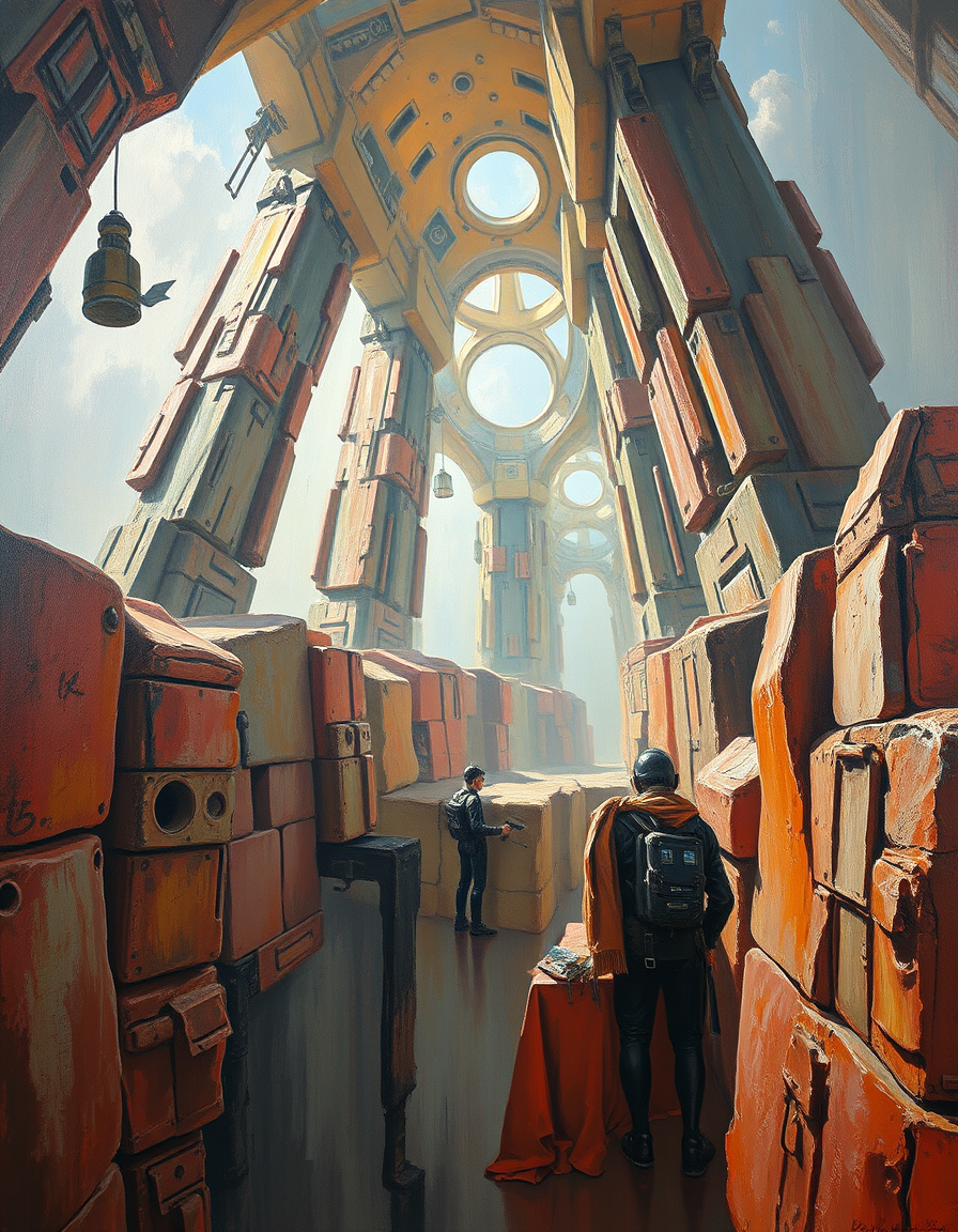 Oil Paintings idea: oil painting style, rich textures, brushstrokes, impasto technique, Paint me inside a futuristic mega structure , classical oil painting, museum quali