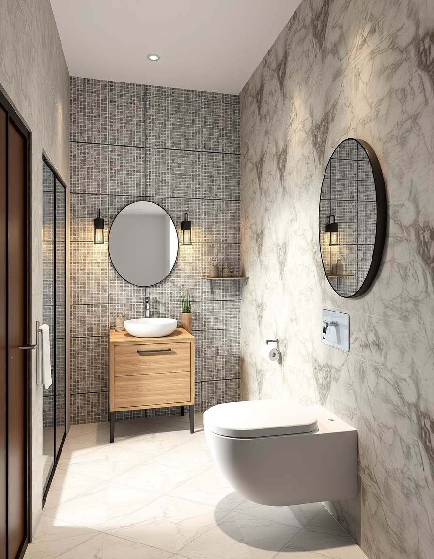 Bathroom Design idea: AI bathroom design, tiled surfaces vanity and fixtures, photorealistic interior render, 1.5/2 , bathroom remodel visualization