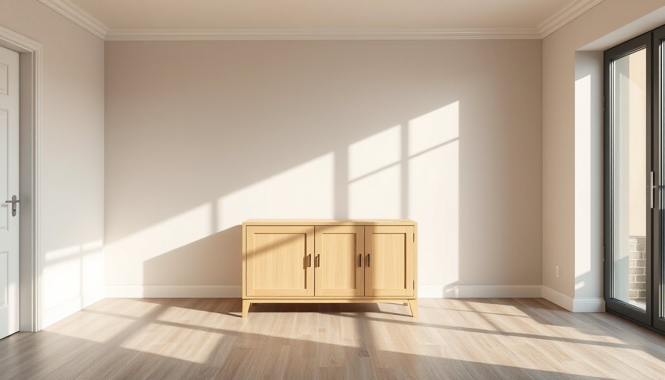 Room Paint idea: room paint visualization, preserve furniture layout and lighting, change wall color only, Eine Wand wo ein Jysk Sandy Sideboard mit 3 türen vorsteht, 