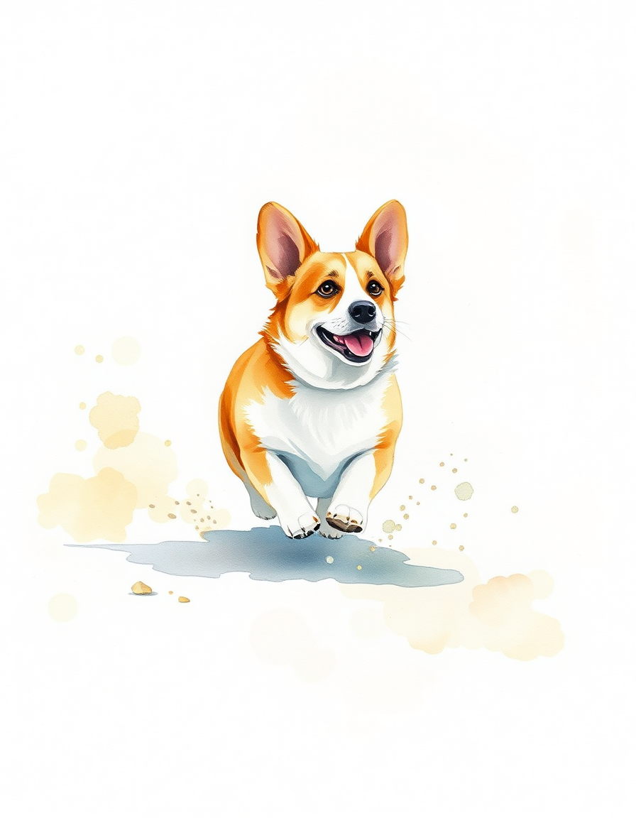Watercolor idea: watercolor painting, soft transparent washes, wet-on-wet bleeds, paper texture visible, corgi running on the beach , delicate watercolor illustration,