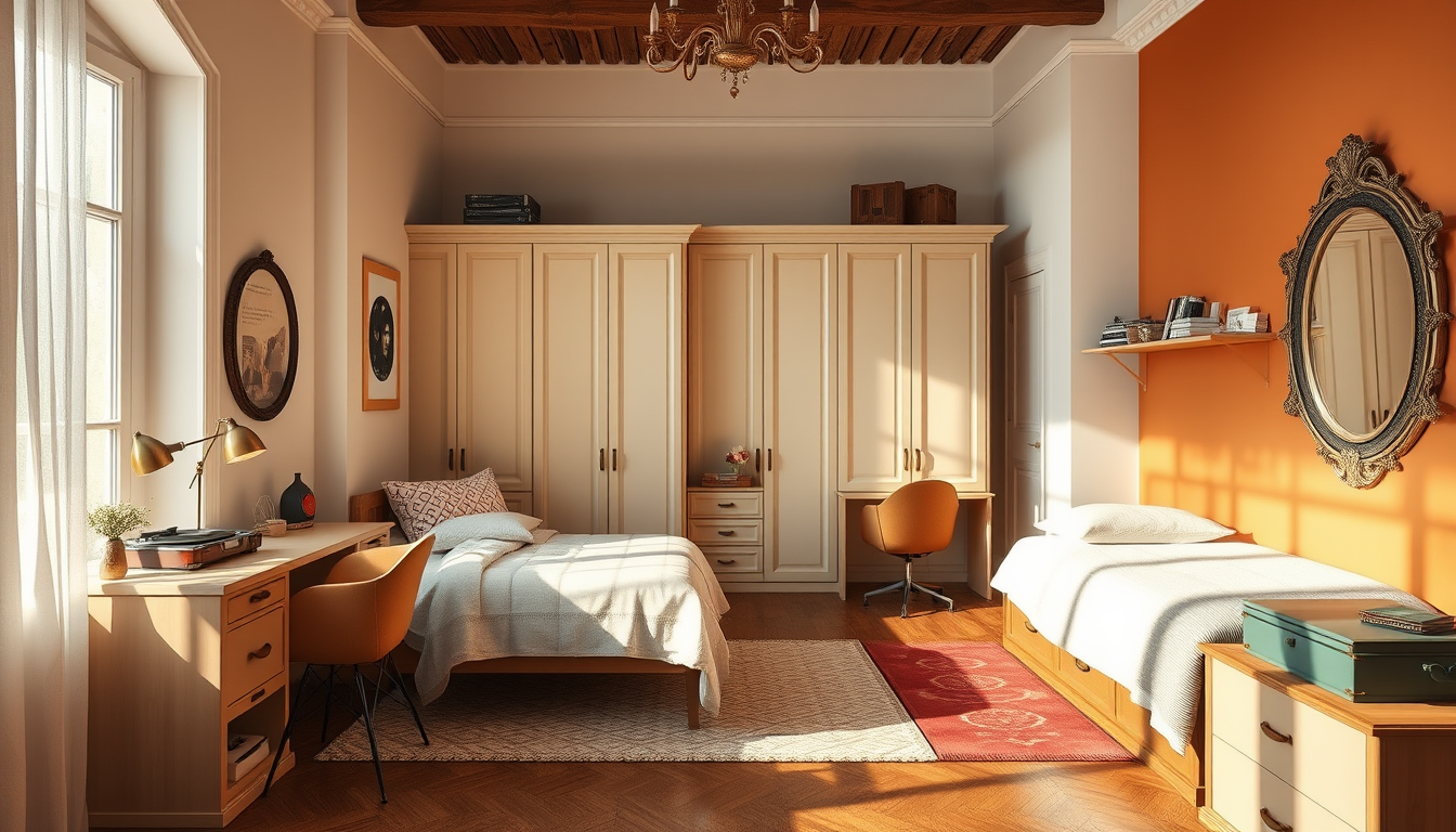 Interior Design idea: AI interior design, cohesive furniture layout decor and lighting, photorealistic interior render, Realistic 20 sqm bedroom for 2 female students in an