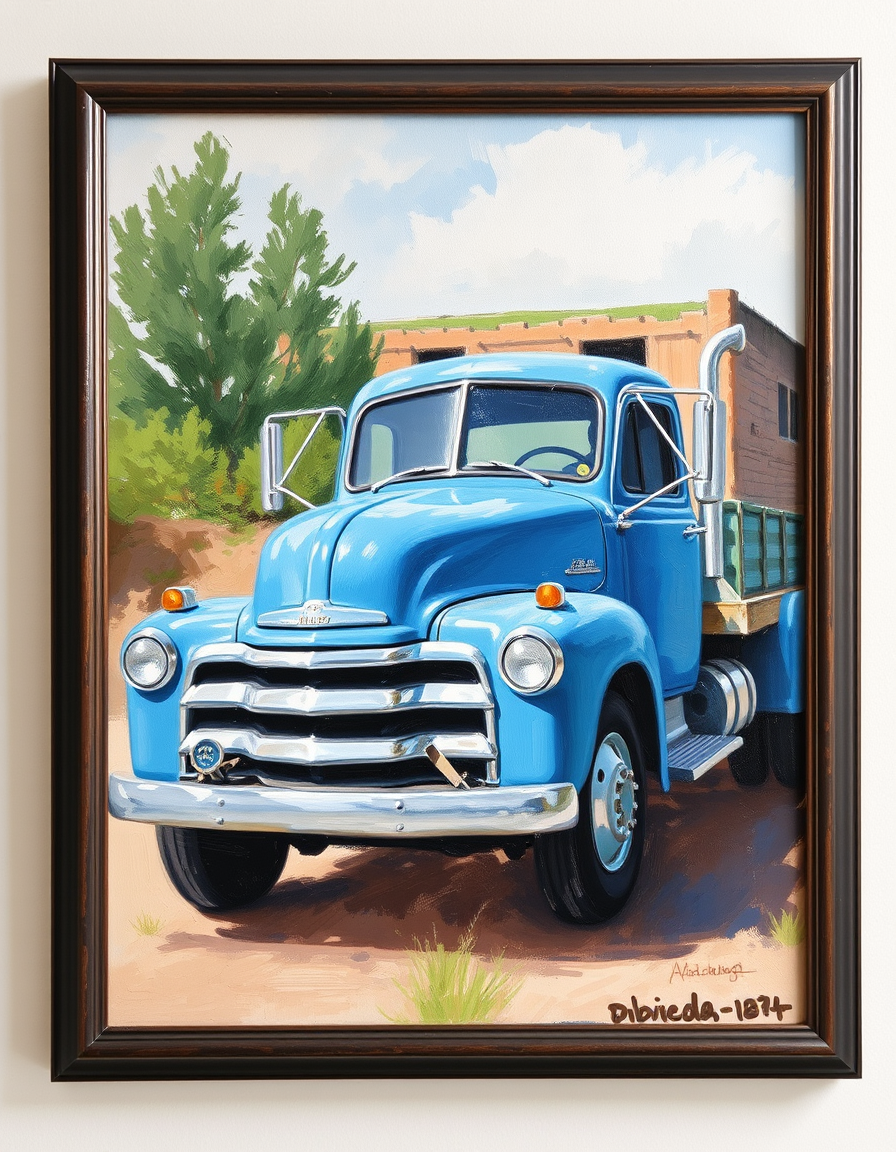 Turn Photo Into Paintings idea: painting from the photo, expressive brushwork, painterly rendering, blue truck , framed fine-art painting
