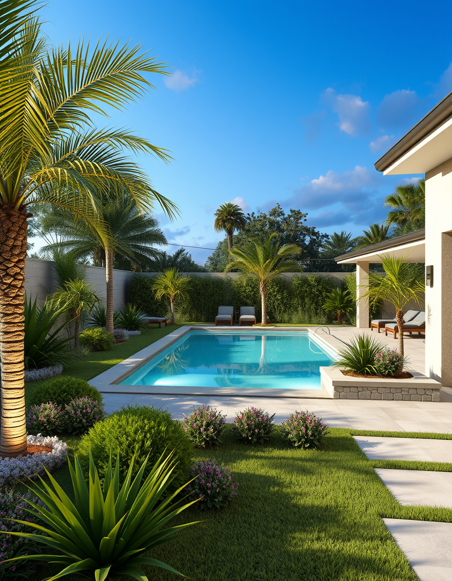 Landscape Design idea: AI landscape design, yard layout plants hardscape and lighting, photorealistic render, jardin avec piscine 10 X4, caillooux blancs , palmiers, 1 olivi