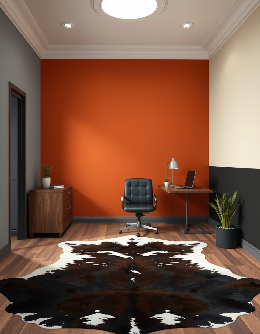 Paint Color idea: room repainted in a new wall color from the photo, accurate paint finish, photorealistic interior render, office setting one wall rust behind the wood