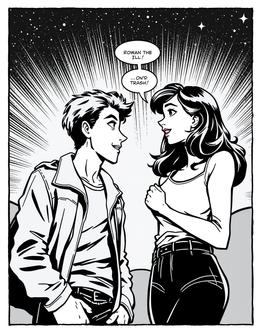 Comic Art idea: comic art, bold ink lines, halftone shading, dynamic composition, Rowan meets Olivia and instantly develops a crush. , graphic novel illustration, com