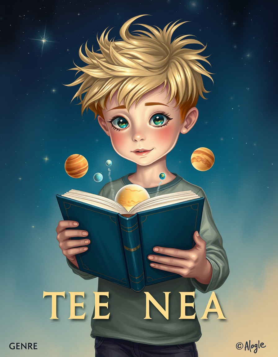 Book Covers idea: cover-ready concept art organized around genre, focal point, and title-safe space, deliberate composition, A blonde kid with a rat's nest hairdo, hold