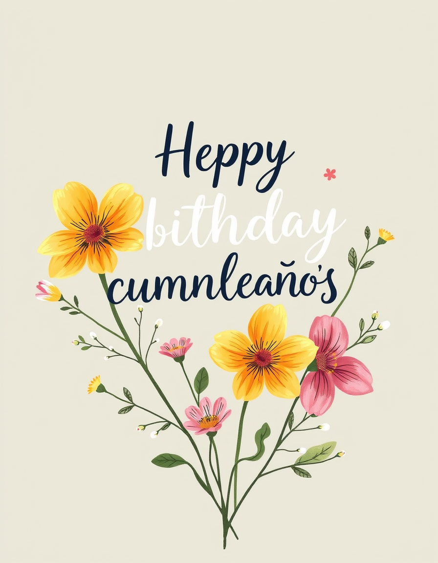 Birthday Cards idea: birthday card design, cheerful festive artwork, space for greeting, feliz cumpleaños escrito a mano con flores silvestres, estética cottagecore , prin