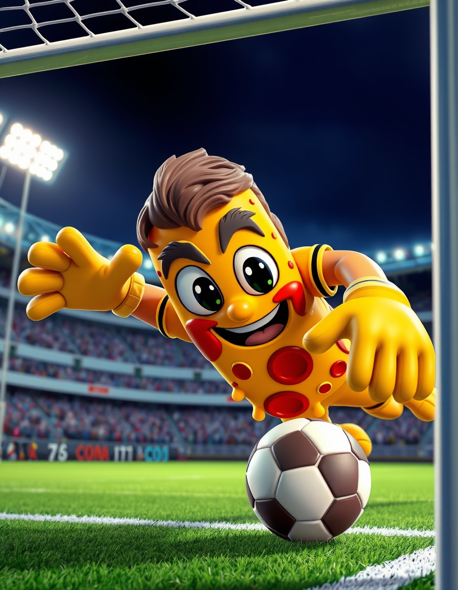 Comic Art idea: comic art, bold ink lines, halftone shading, dynamic composition, 3D cartoon render, ba d asspizza slice character as a football goalkeeper diving to 
