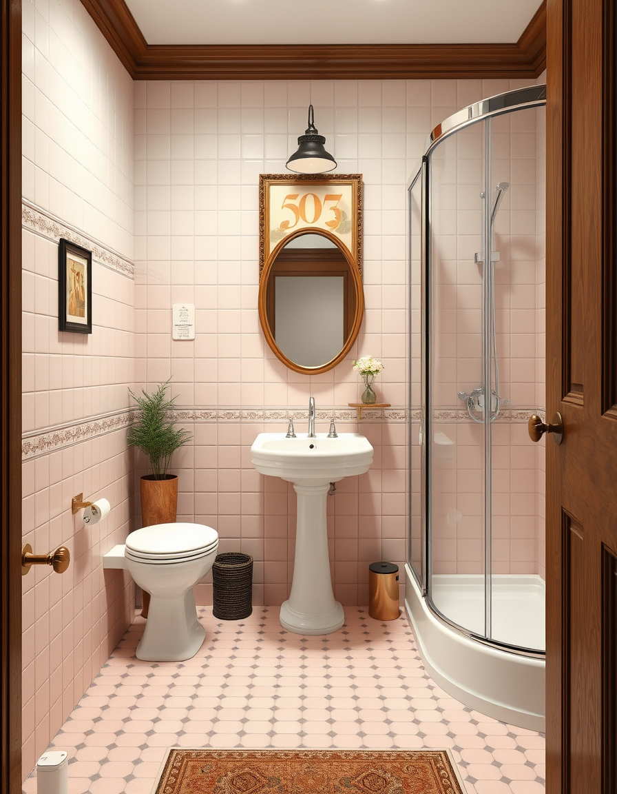 Bathroom Design idea: AI bathroom design, tiled surfaces vanity and fixtures, photorealistic interior render, small bathroom with a toilet on the left, then facing should b