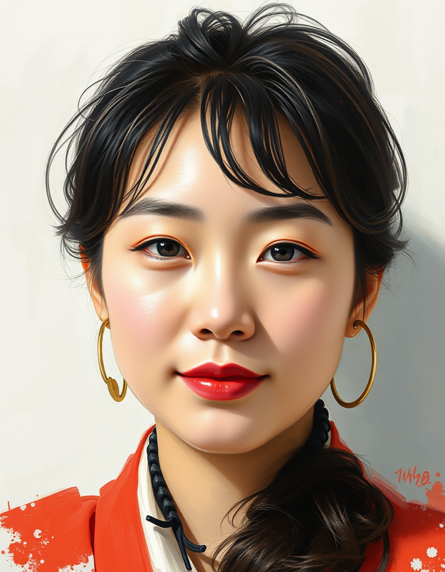 Portrait Into Paintings idea: painted portrait from photo, preserve face identity, flattering painterly lighting, japan abstract art , fine art portrait, soft brushwork, natural sk