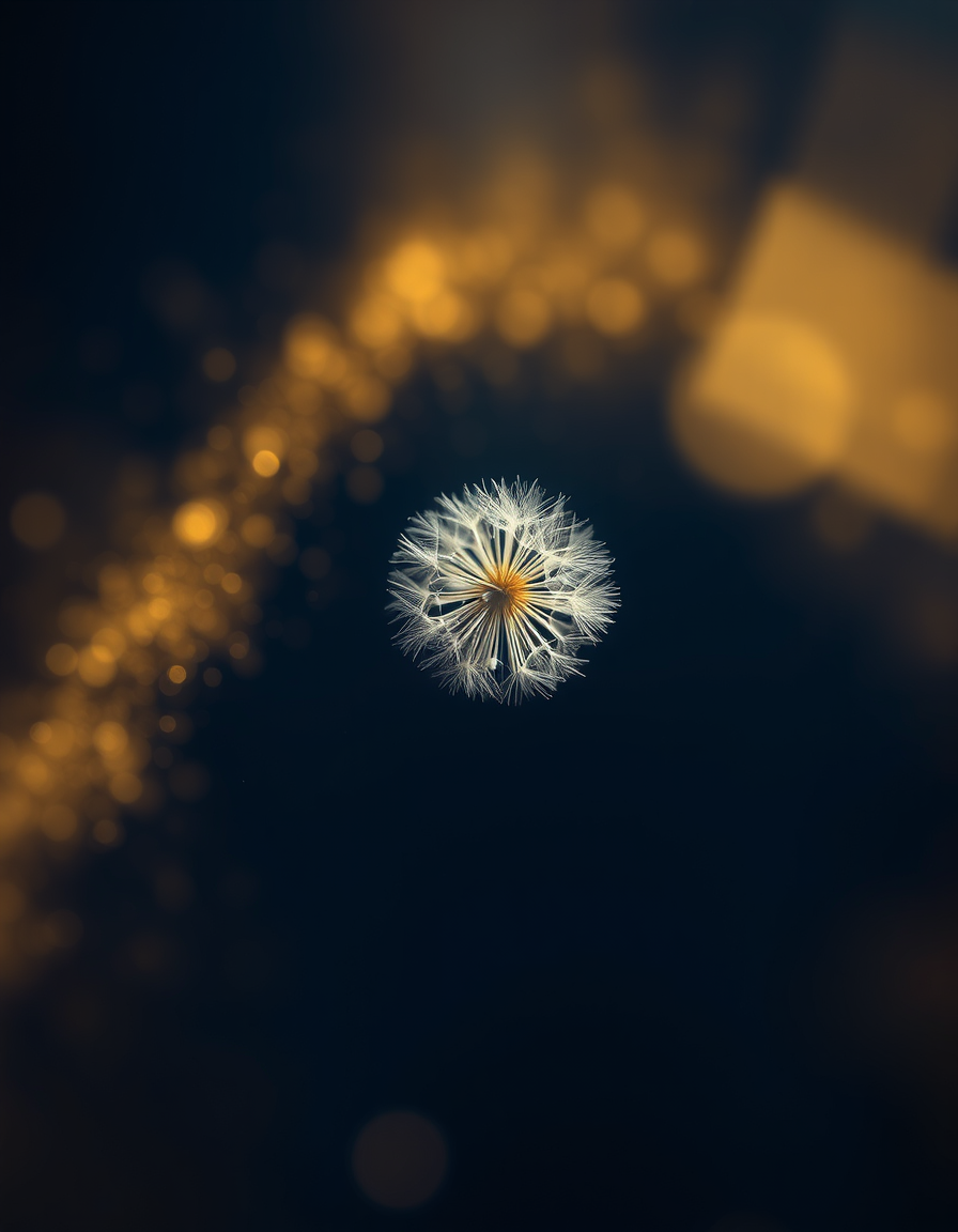 Book Covers idea: cover-ready concept art organized around genre, focal point, and title-safe space, deliberate composition, A single floating dandelion seed drifting i