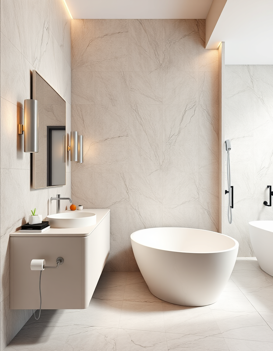 Bathroom Design idea: AI bathroom design, tiled surfaces vanity and fixtures, photorealistic interior render, luxuriöses Masterbad mit Doppelwaschtisch, Fischgrätmarmor, Re