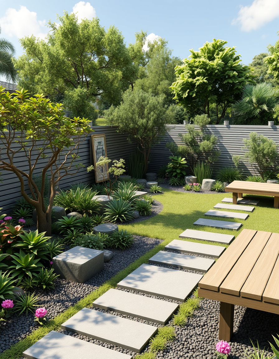 Garden Design idea: AI garden design, lush landscaped yard, plants pathways and seating, photorealistic render, 現代極簡花園，搭配碎石、觀賞草和混凝土花盆 , landscape design visualization