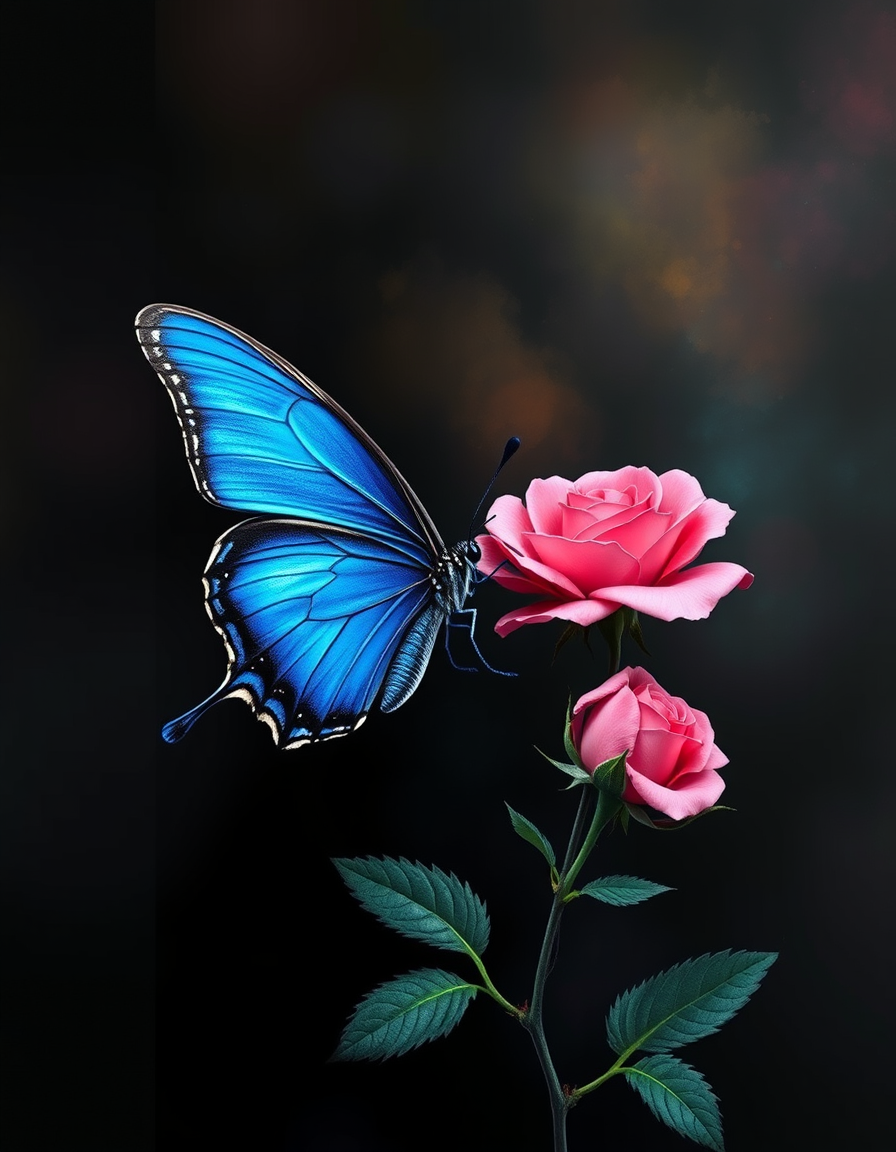Main painting studio: a giant blue butterfly seen from the side (Wings on the left side of the flower), on a smaller rose than the butterfly, with a background of black mix