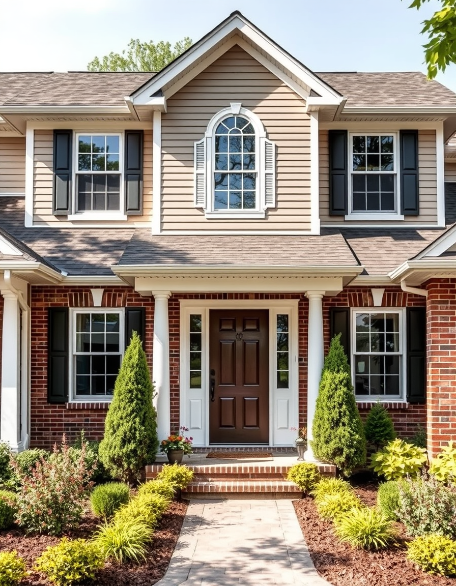 Exterior Paint idea: home exterior paint visualization, preserve architecture and landscaping, recolor siding trim and front door, brown brick with 3 doomers , realistic e