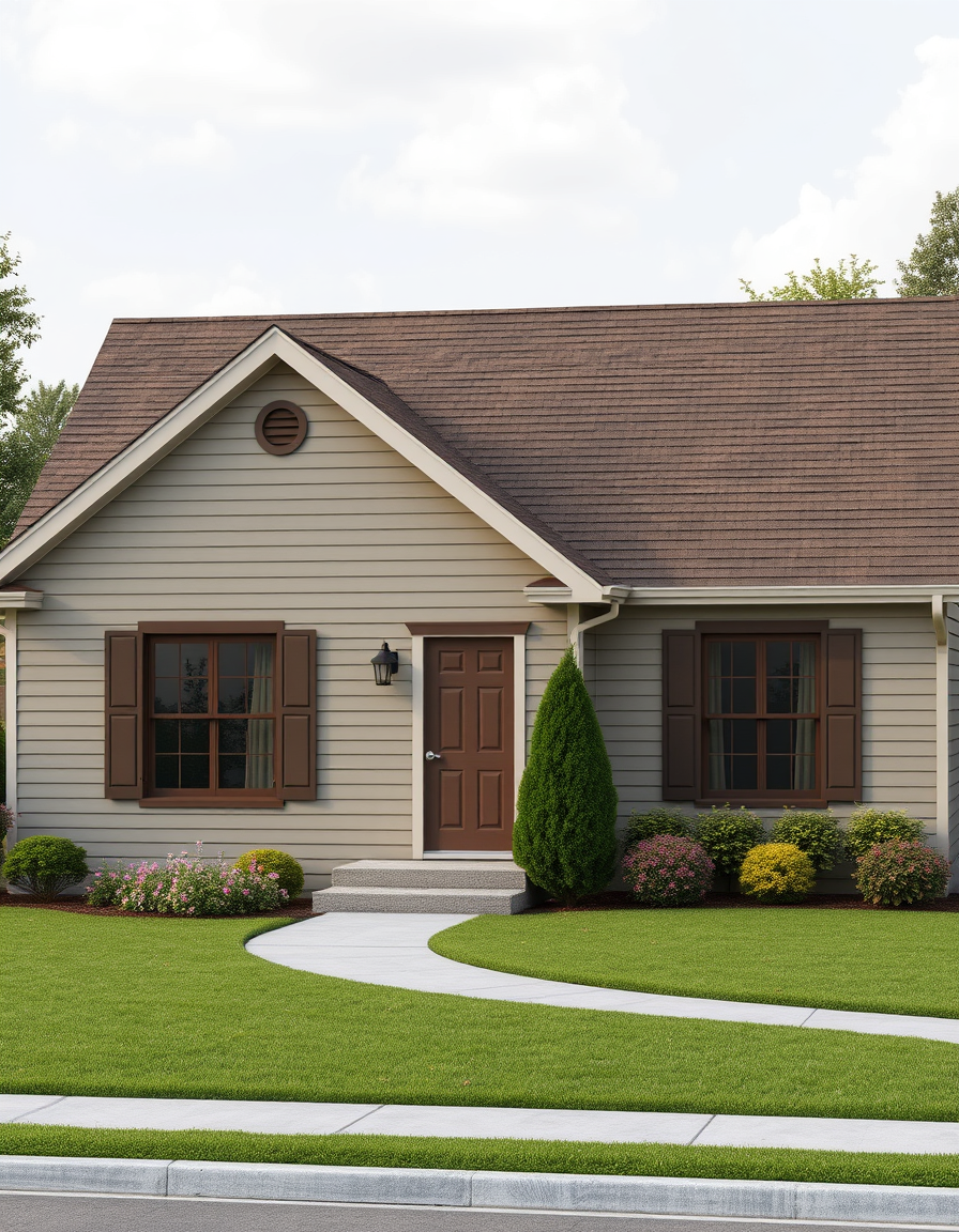 House Exterior Design idea: AI house exterior design, facade materials roofline and landscaping, photorealistic render, One floor Ranch house. Entire front taupe colored siding.