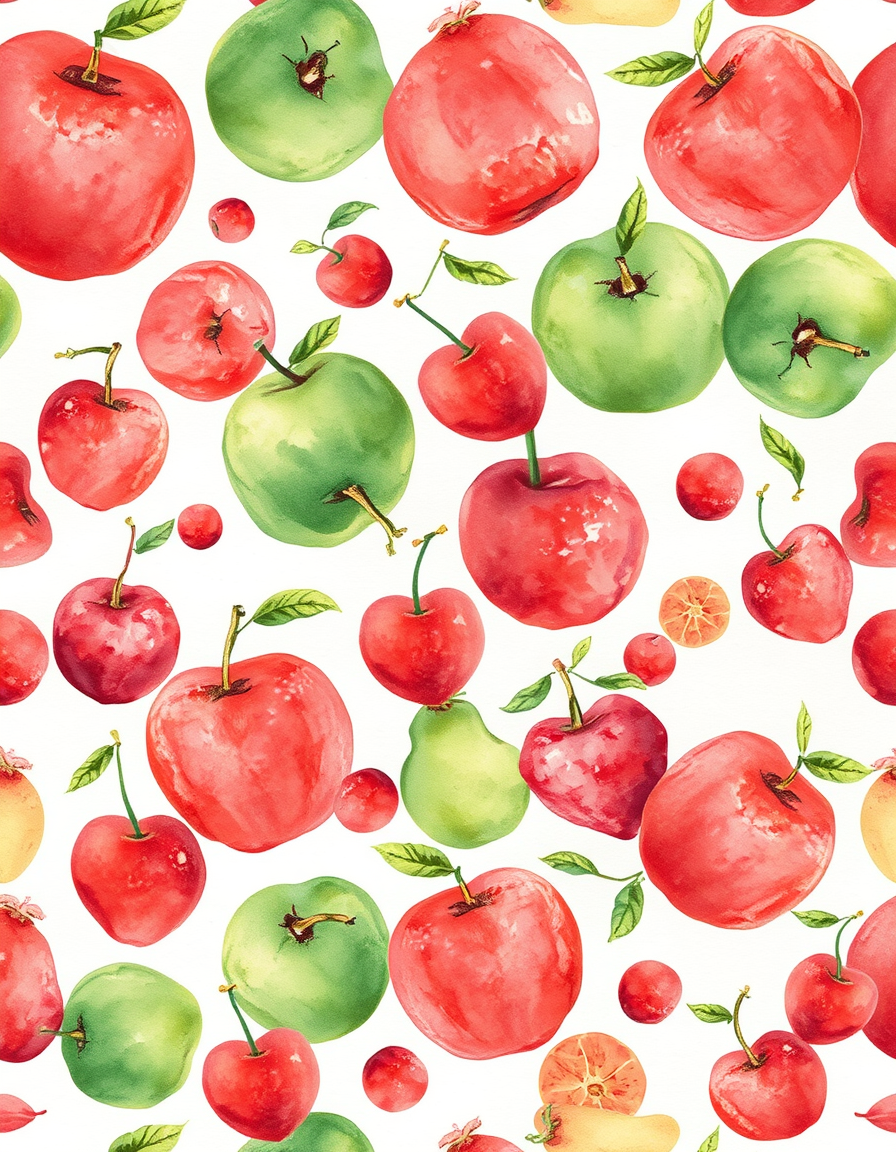 Watercolor idea: watercolor painting, soft transparent washes, wet-on-wet bleeds, paper texture visible, Watercolor fruit seamless surface pattern, small scattered fru