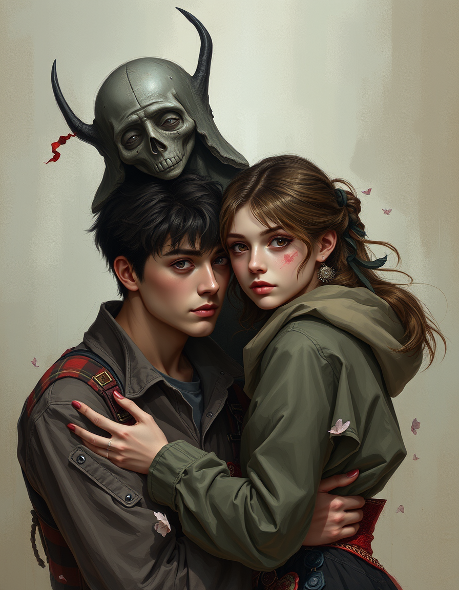 Book Covers idea: cover-ready concept art organized around genre, focal point, and title-safe space, deliberate composition, A love story between a possessed 16 year ol