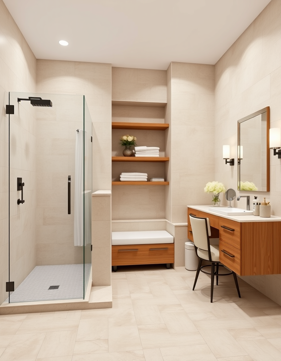 Bathroom Design idea: AI bathroom design, tiled surfaces vanity and fixtures, photorealistic interior render, Large walk in shower with glass door and shelves in wal and a