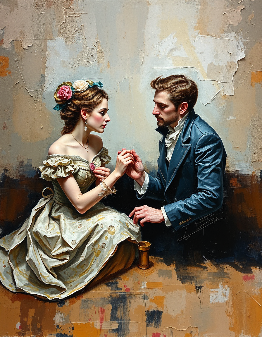 Oil Paintings idea: oil painting style, rich textures, brushstrokes, impasto technique, Peinture abstraite. Un homme et une femme jouent aux dés. , classical oil painting