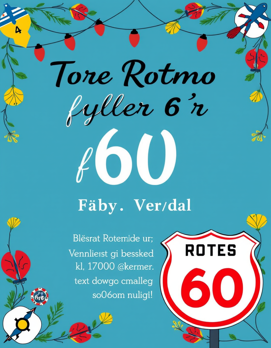Invitation idea created from the prompt: party invitation design, festive layout, decorative border, space for event details, Please generate this invitation in the NORWEGIAN langua