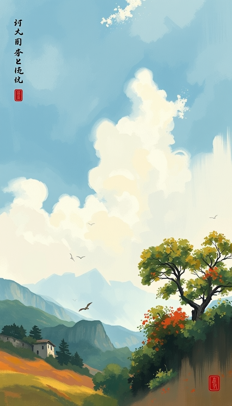 Landscape idea: painted landscape, atmospheric perspective, hand-brushed sky and foliage, gallery composition, مضيق بحري (فيورد) نرويجي بمياه هادئة وانعكاسات الجبال ع