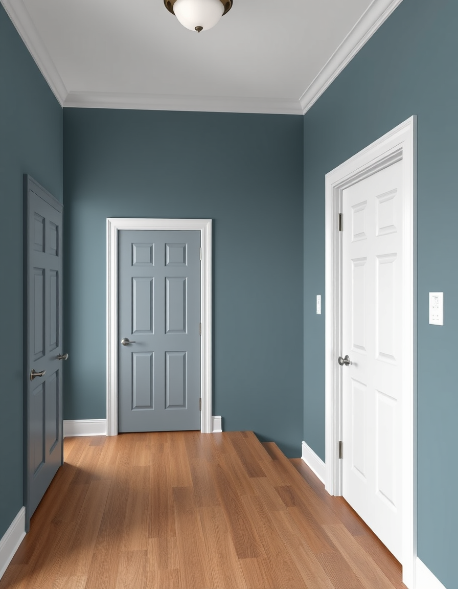 Paint Color idea: room repainted in a new wall color from the photo, accurate paint finish, photorealistic interior render, hallway with 2 doors on the right and 1 on t