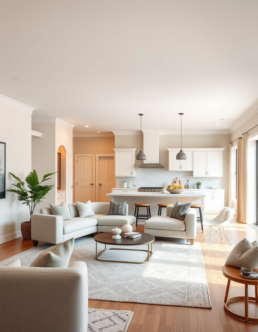Paint Color idea: room repainted in a new wall color from the photo, accurate paint finish, photorealistic interior render, A open concept living room with moon shot Gr