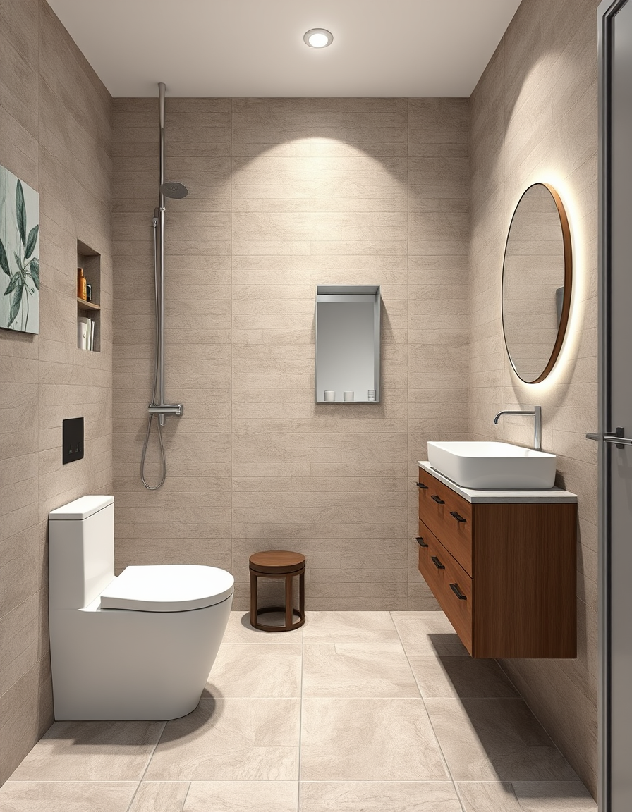 Bathroom Design idea: AI bathroom design, tiled surfaces vanity and fixtures, photorealistic interior render, diseña un baño rectangular con unas medidas de 1,50 m de ancho