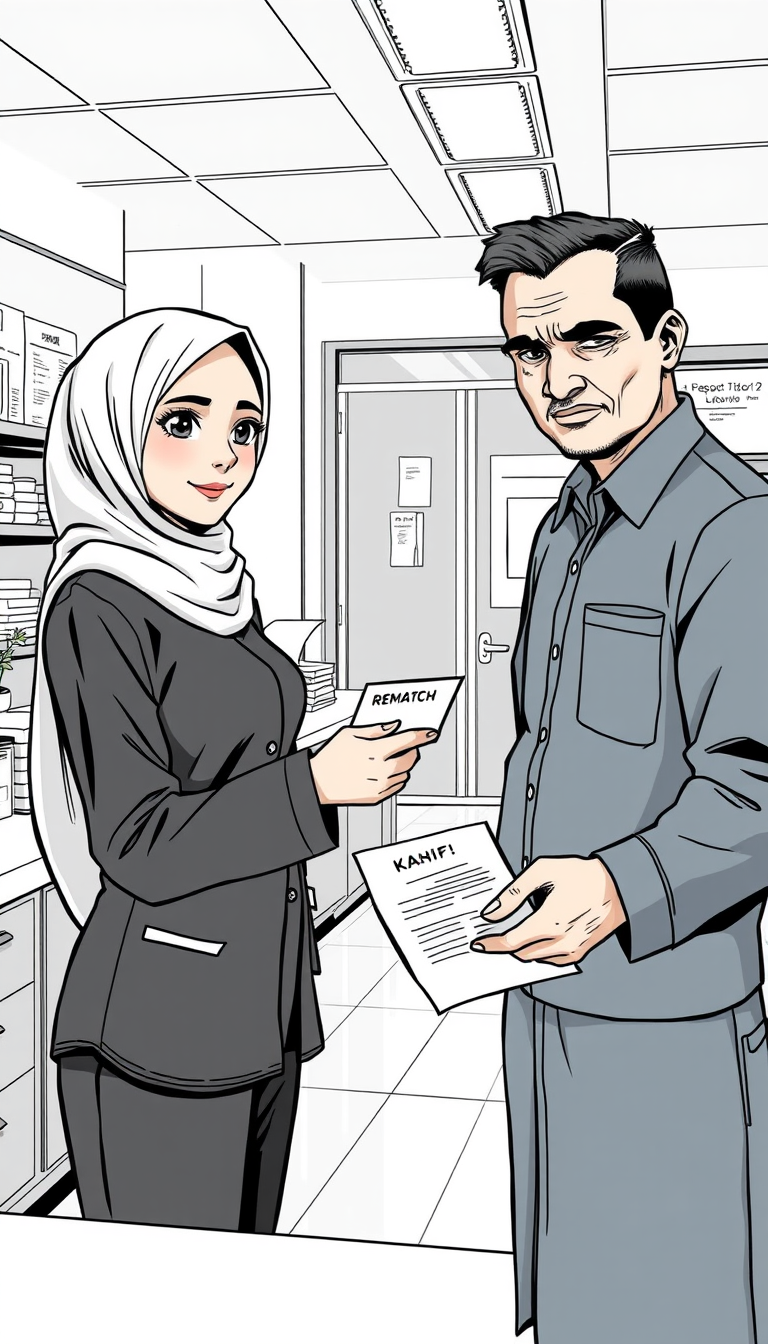 Comic Art idea: comic art, bold ink lines, halftone shading, dynamic composition, Indonesian textile factory laboratory office, young Indonesian Muslim woman Nayeon,