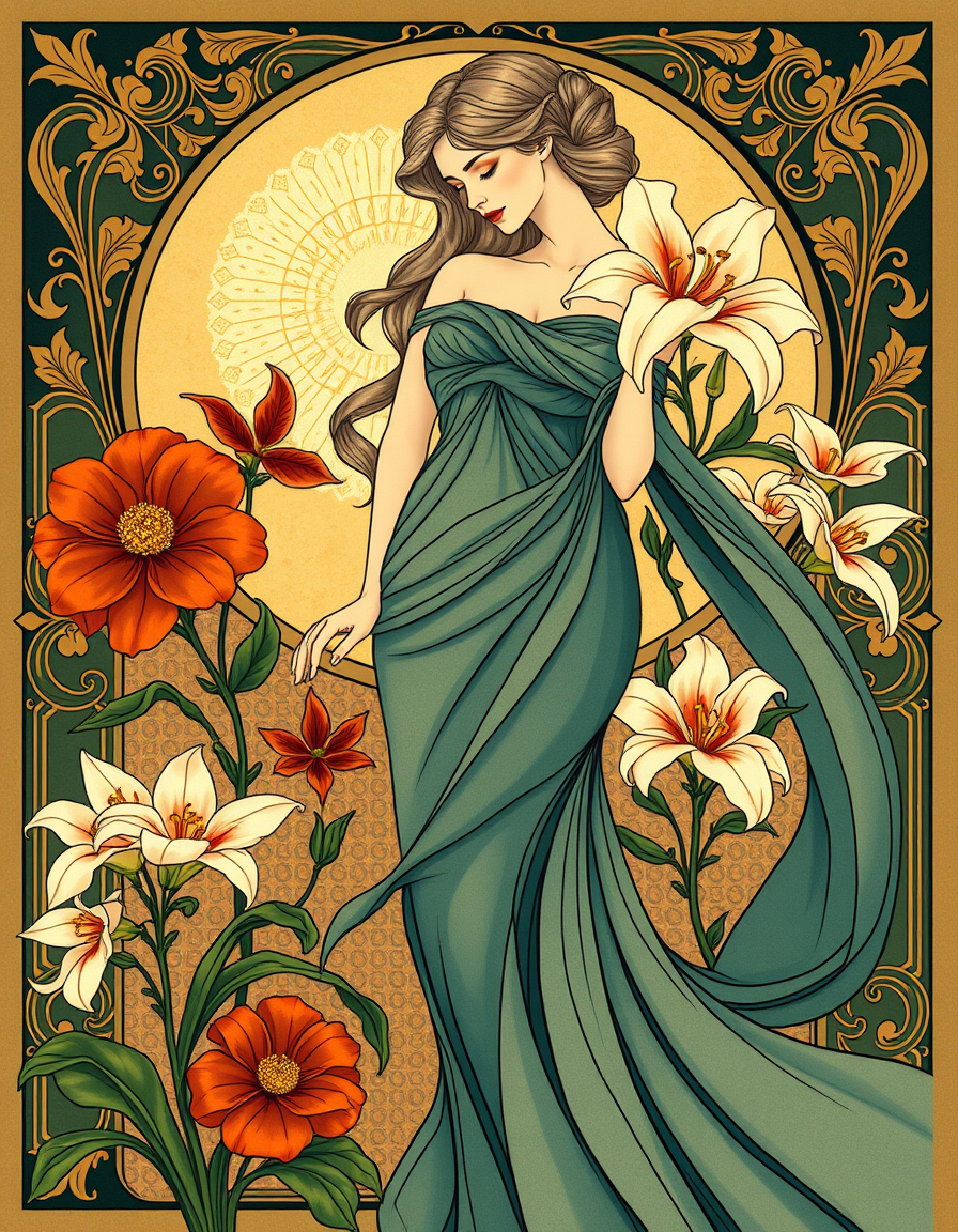 Art Nouveau idea: art nouveau illustration, flowing organic lines, decorative panel borders, ornamental floral motifs, kobieta z rozwianymi włosami w otoczeniu bordiur 