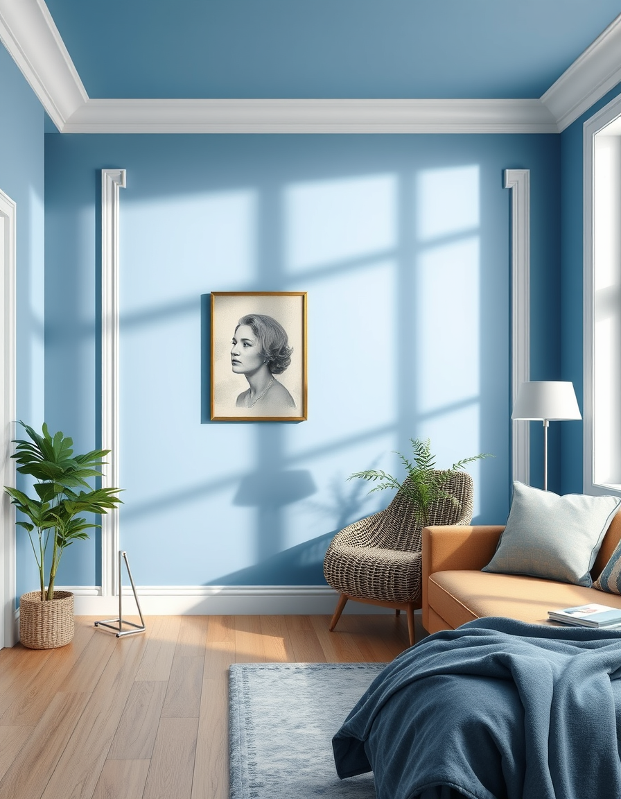 Paint Color idea: room repainted in a new wall color from the photo, accurate paint finish, photorealistic interior render, Wall with trim , paint color visualization