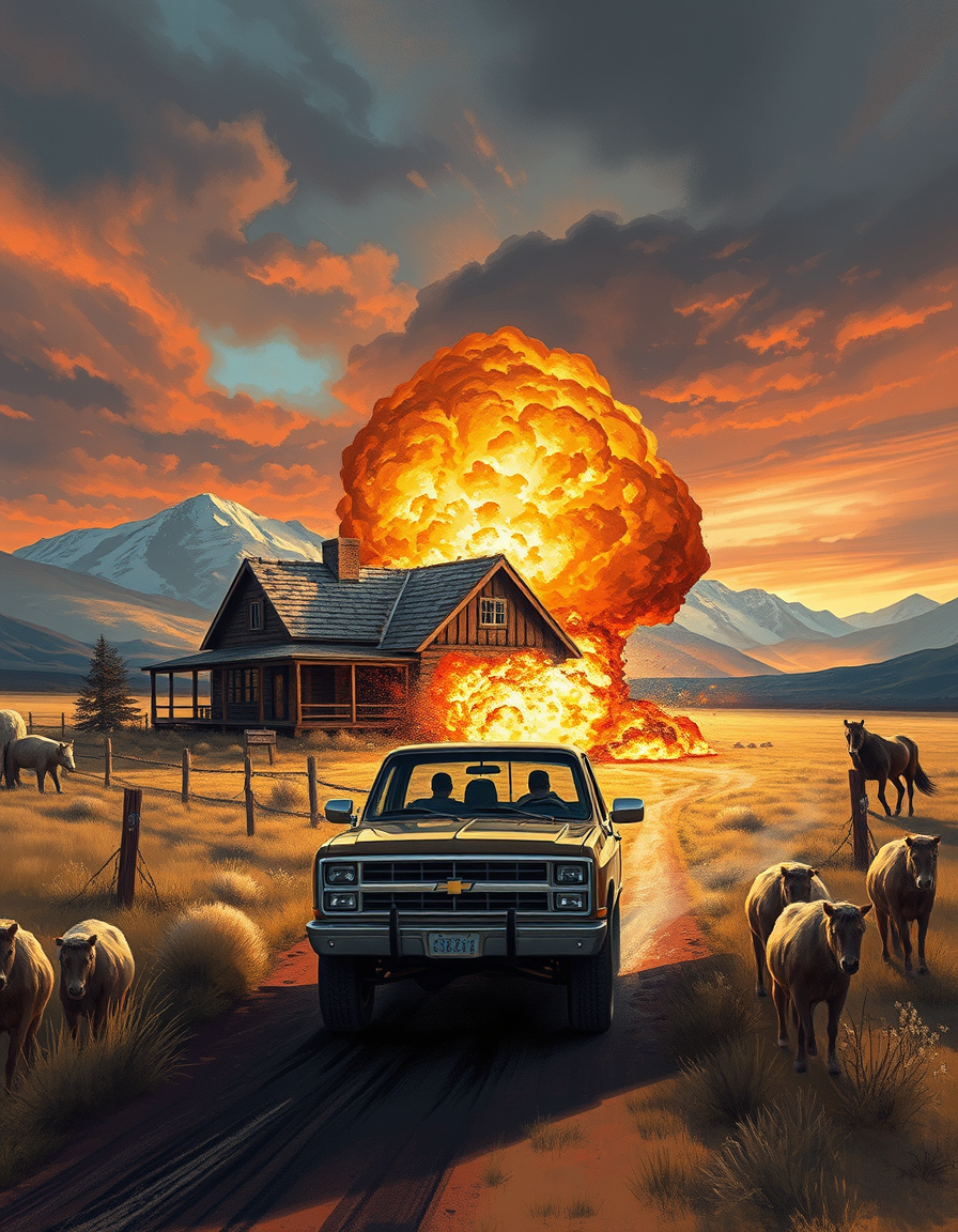 Book Covers idea: cover-ready concept art organized around genre, focal point, and title-safe space, deliberate composition, house explosion on a ranch in wyoming with