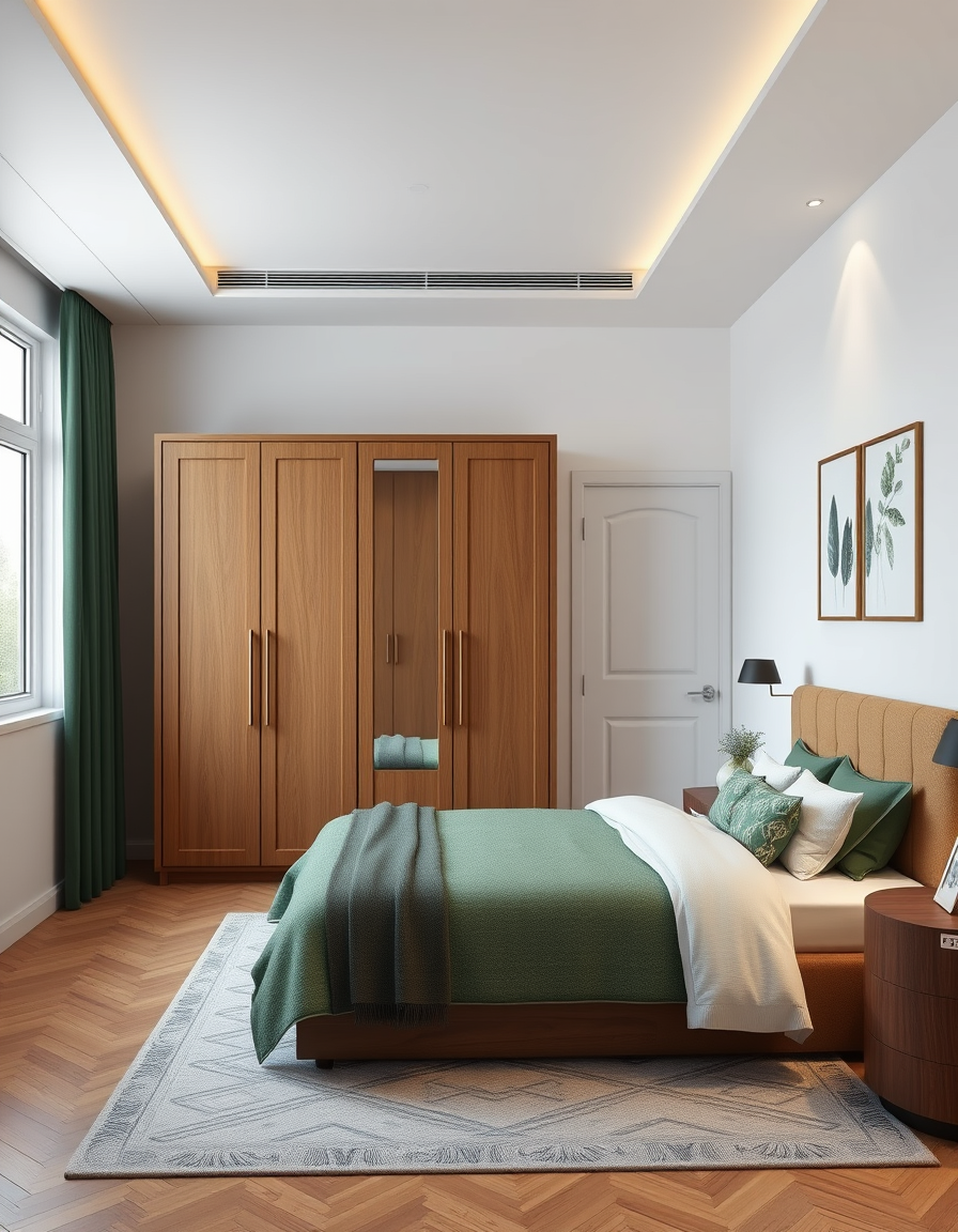 Interior Design idea: AI interior design, cohesive furniture layout decor and lighting, photorealistic interior render, My bedroom is rectangular; a window spans the width 