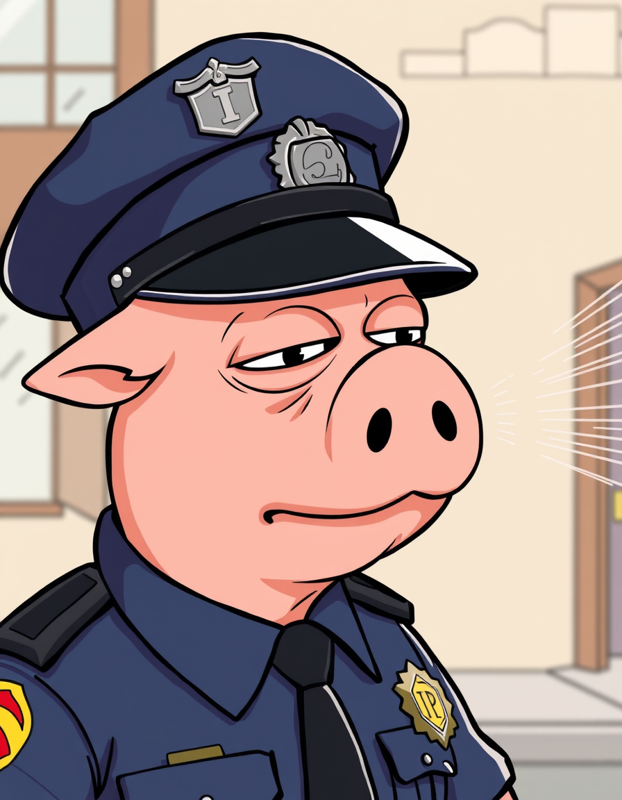 Main painting studio: Yo, can you generate me an image in comic style, maybe "simpsons" style or "south park" style of a police officer with the face of a pig, who is accid