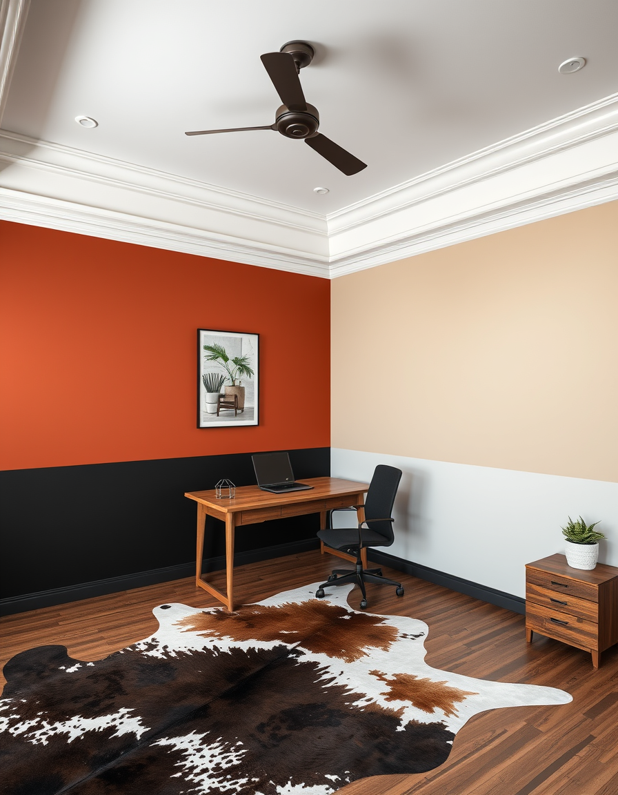 Paint Color idea: room repainted in a new wall color from the photo, accurate paint finish, photorealistic interior render, office setting; one wall rust, bottom half w