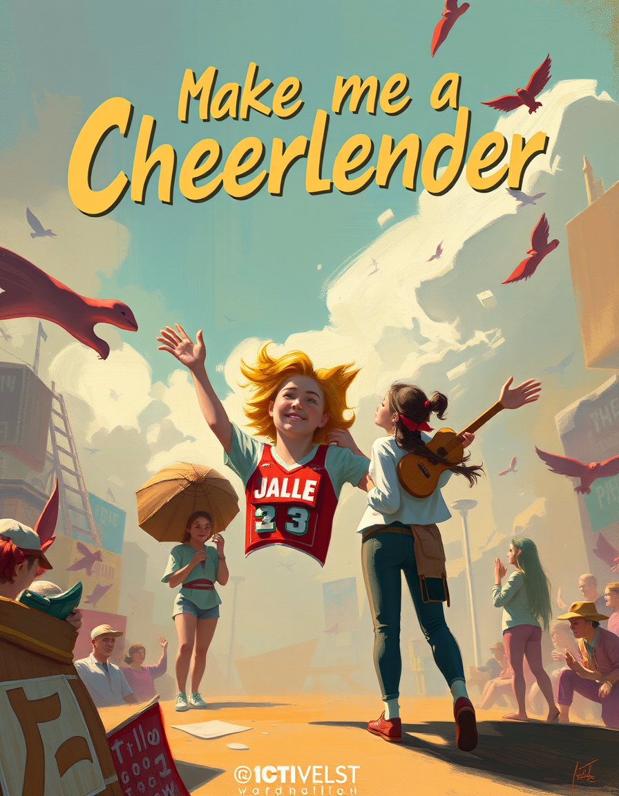 Book Covers idea: cover-ready concept art organized around genre, focal point, and title-safe space, deliberate composition, make me a cheerleader , polished painting,
