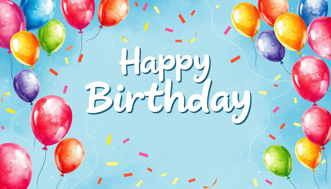 Birthday Cards idea: birthday card design, cheerful festive artwork, space for greeting, colorful balloons and confetti, watercolor style, bright and festive , printable b