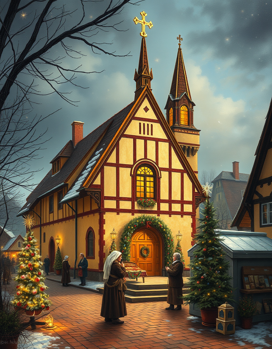 Main painting studio: zeichnung kleine dorfkirche mit einen weihnachtsmarkt im hintergrund alte fachwerkhäuser