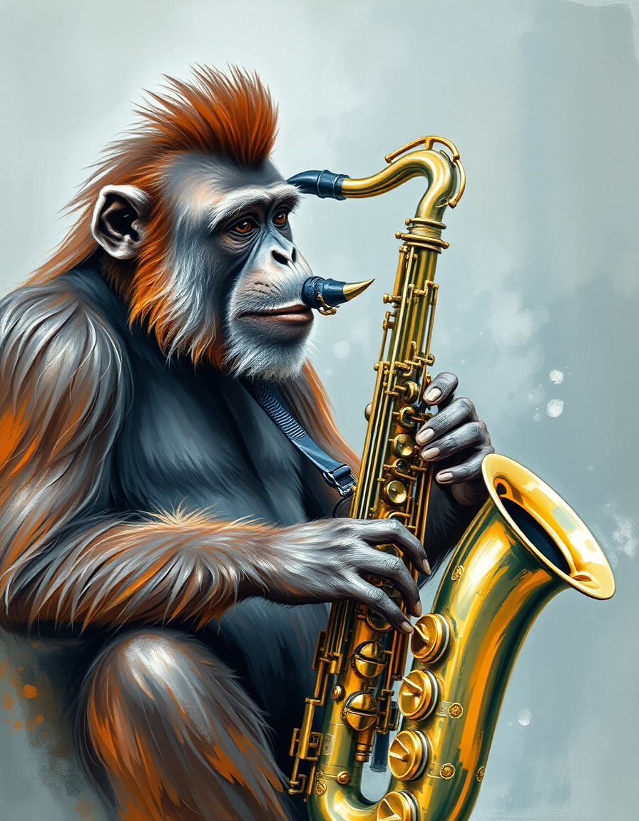 Turn Photo Into Paintings idea: a source photo redrawn with visible physical brushwork, deliberate composition, orang-utan playing the saxophone , polished painting, coherent details