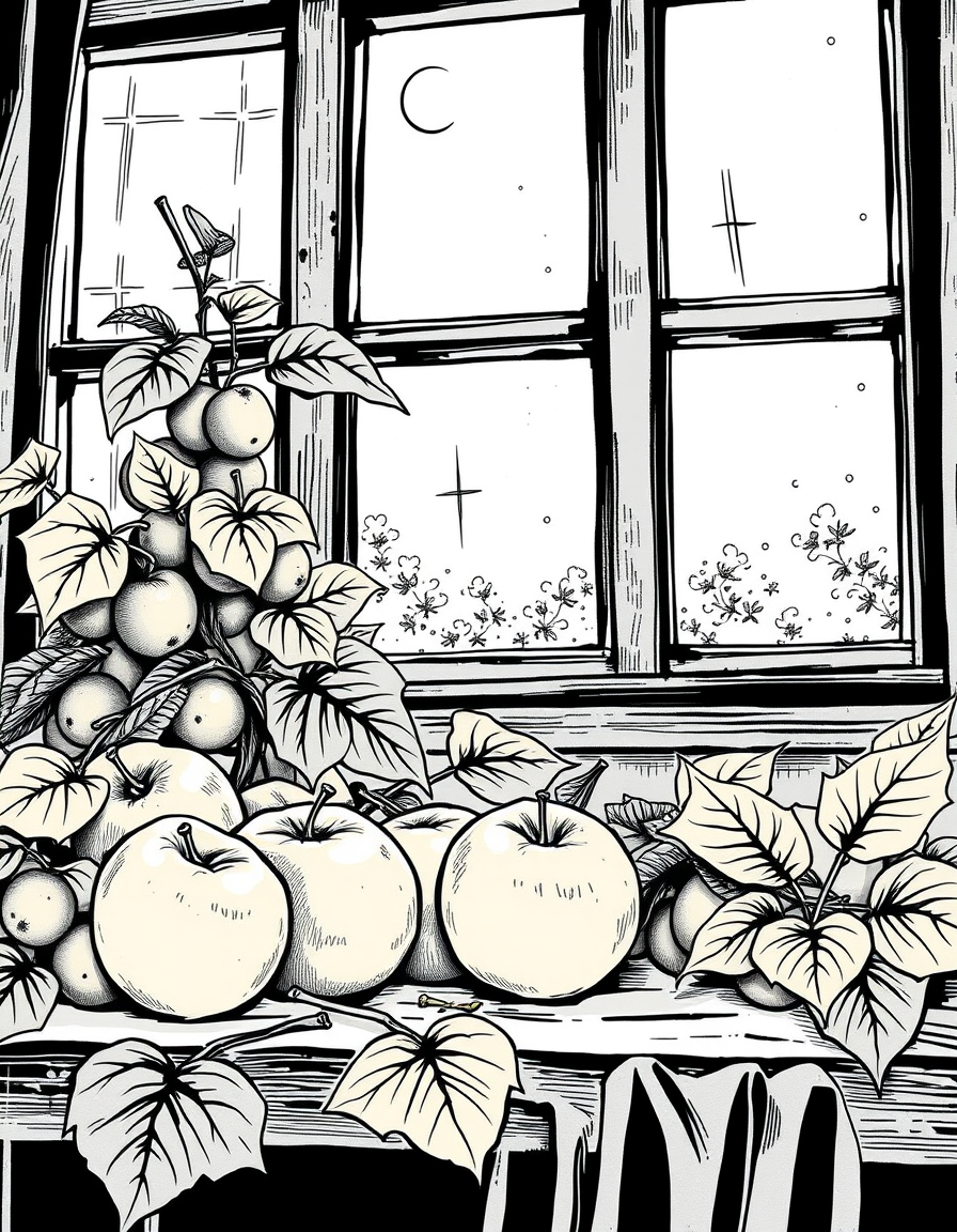 Comic Art idea: comic art, bold ink lines, halftone shading, dynamic composition, Ein Stillleben mit Granatäpfeln auf einem Leinentuch, weiches Fensterlicht , graphic