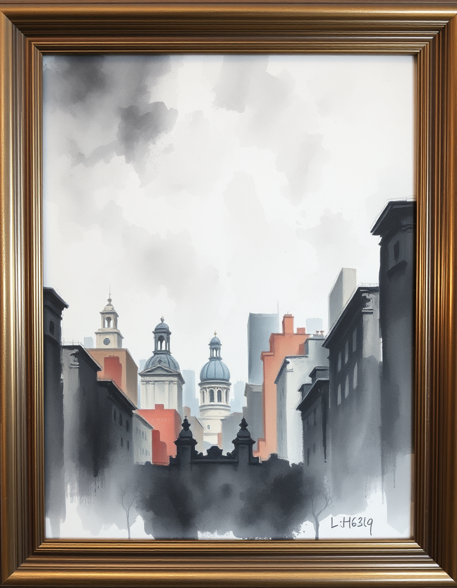 Turn Photo Into Paintings idea: painting from the photo, expressive brushwork, painterly rendering, a cityscape converted to a moody watercolor with ink linework and wet-on-wet sky ,