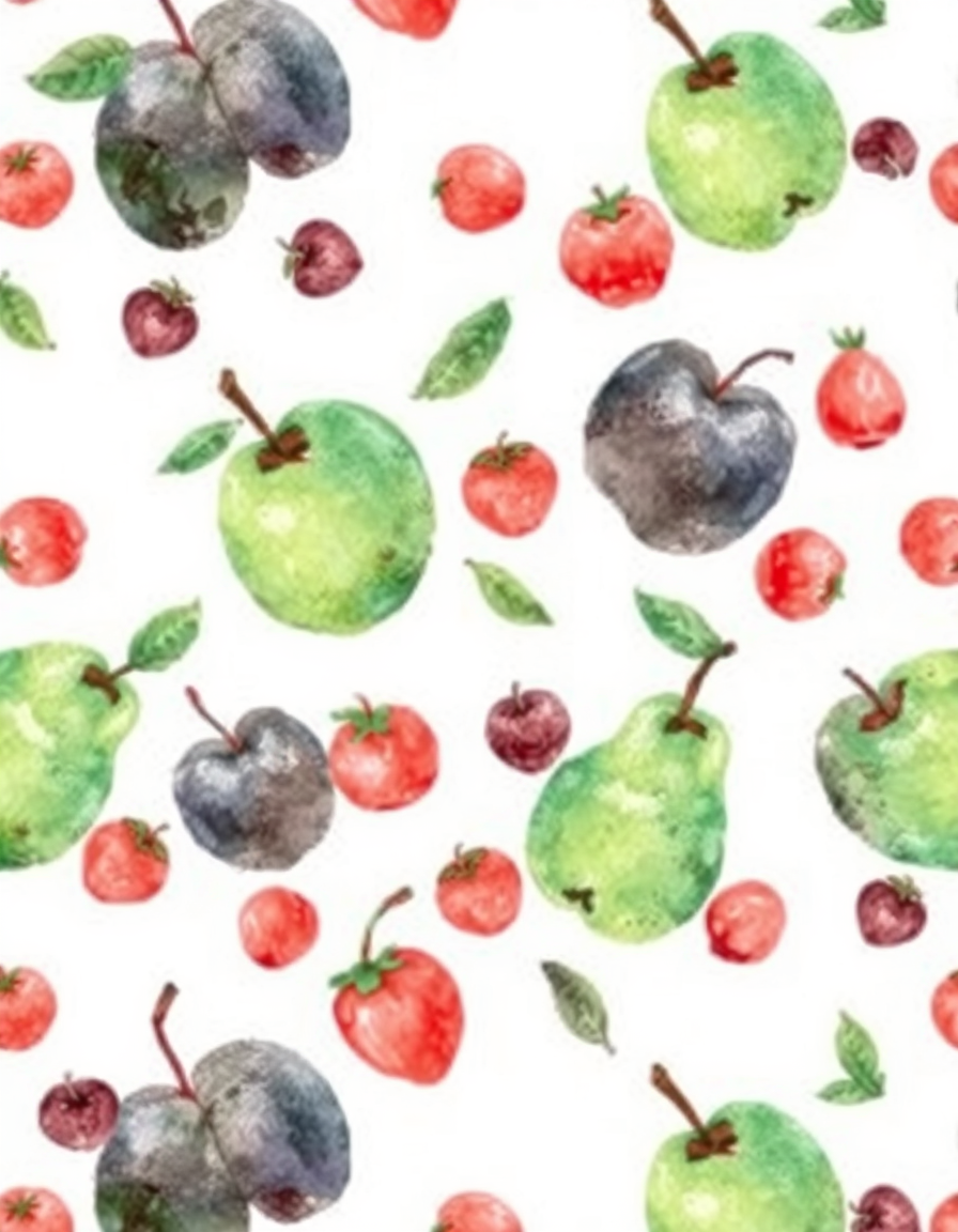 Watercolor idea: watercolor painting, soft transparent washes, wet-on-wet bleeds, paper texture visible, Very small-scale watercolor fruit seamless pattern, miniature 