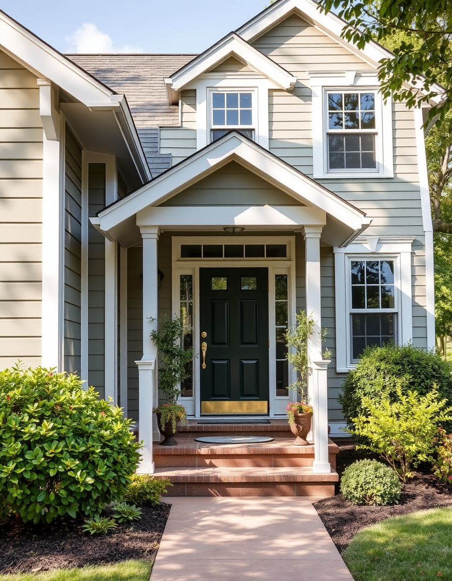 Exterior Paint idea: home exterior paint visualization, preserve architecture and landscaping, recolor siding trim and front door, paint exterior lighter color , realistic
