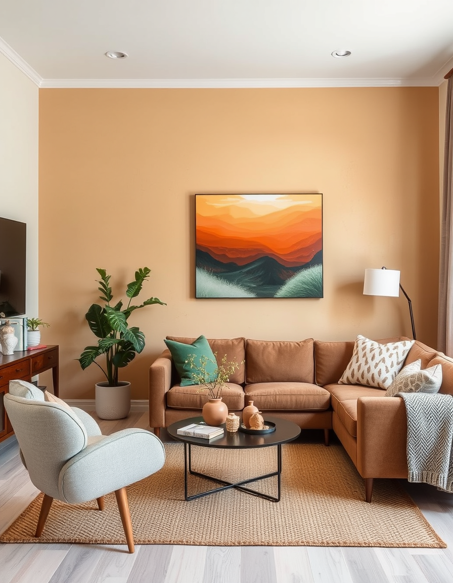 Main painting studio: paint warm earthly textures with colors that give a modern fresh and clean vibe to a small living room space.