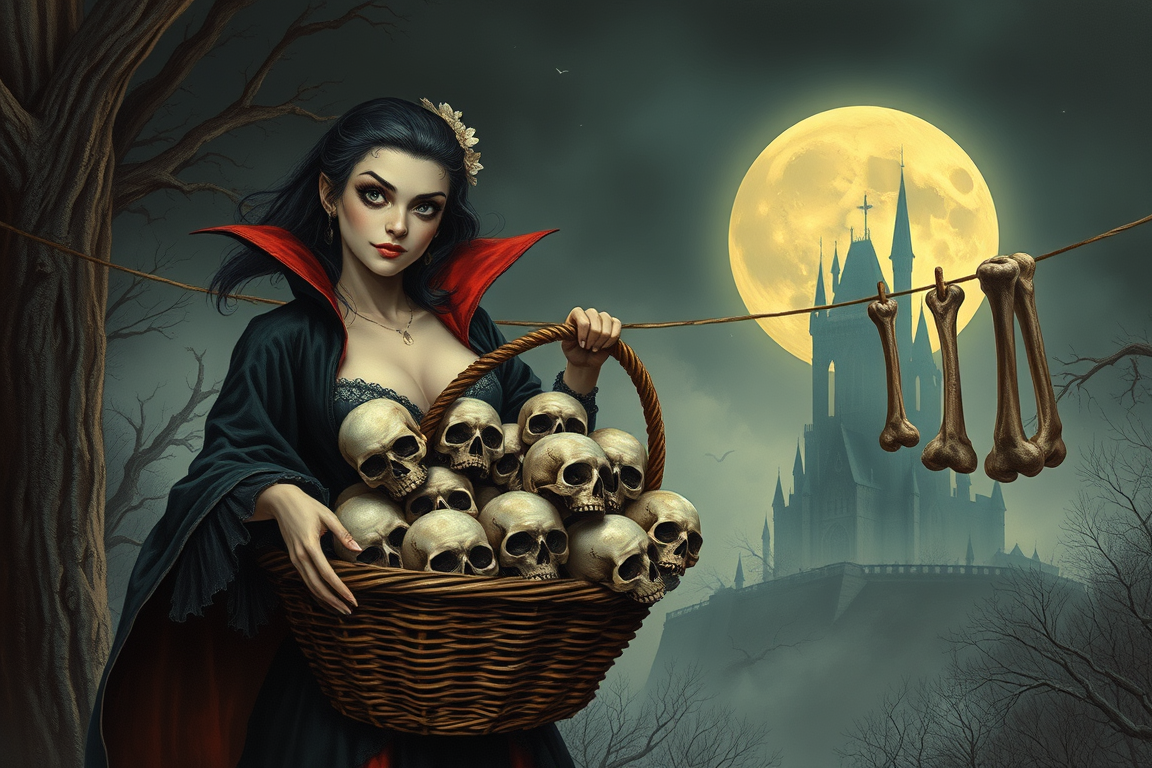 Main painting studio: pretty youthful vampiress with a large wash basket filled with skulls, hanging up bones on a line, large moon and misty castle in background, hallowee
